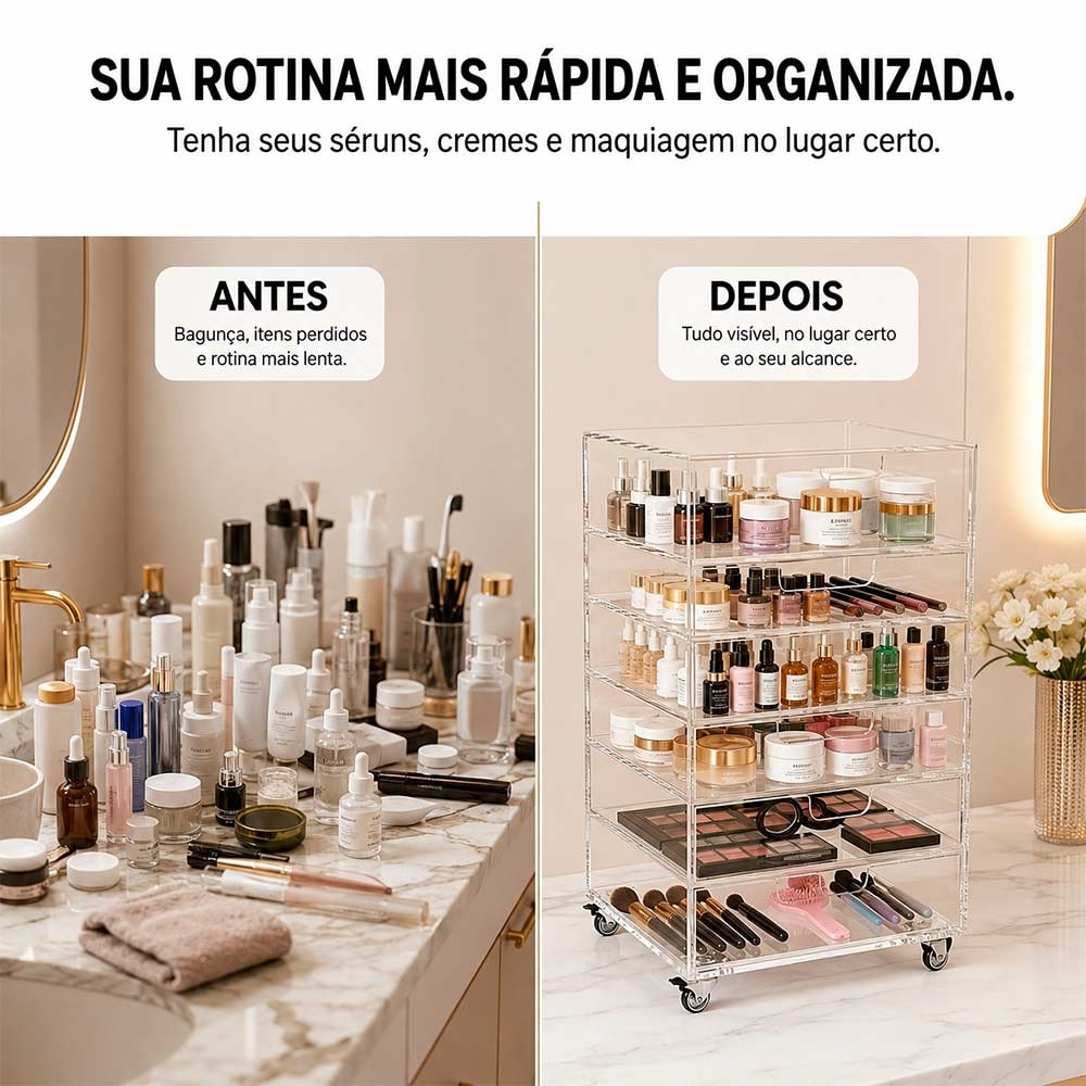 Carrinho Organizador de Maquiagem em Acrilico com 7 Gavetas
