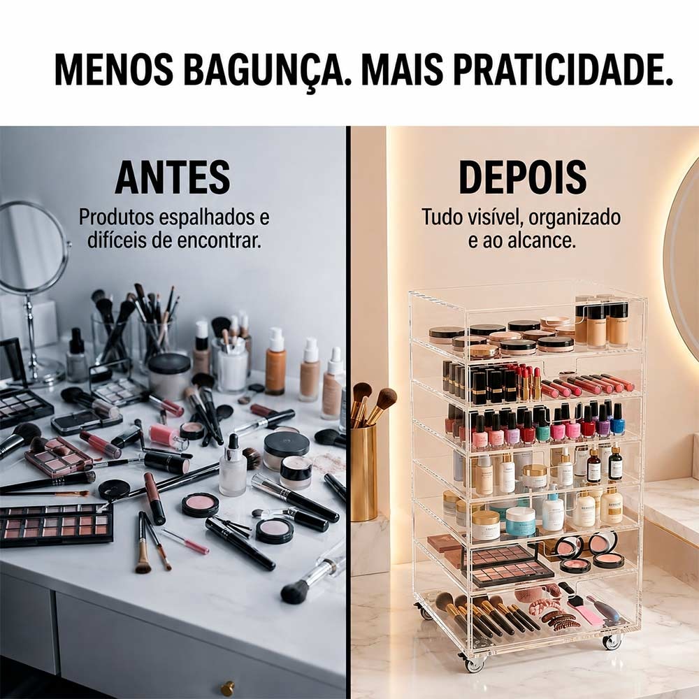 Carrinho Organizador de Maquiagem em Acrilico com 7 Gavetas