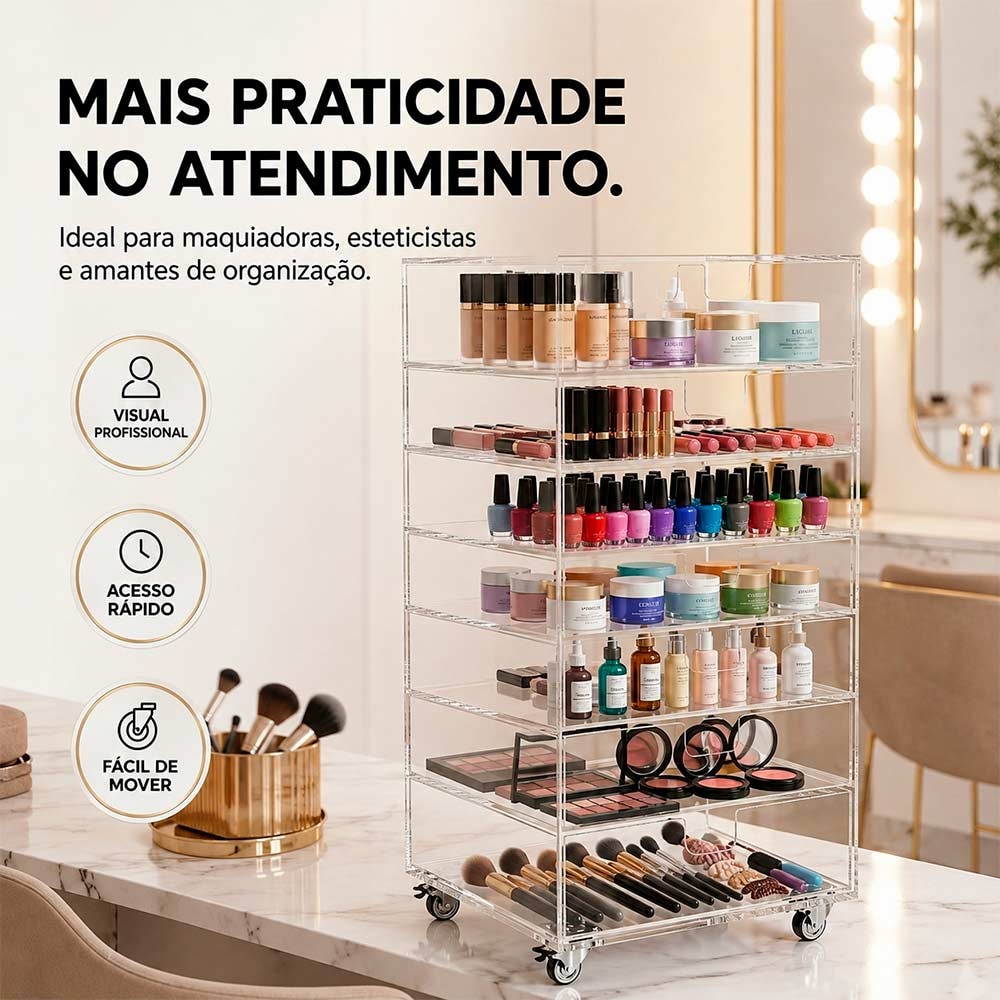 Carrinho Organizador de Maquiagem em Acrilico com 7 Gavetas