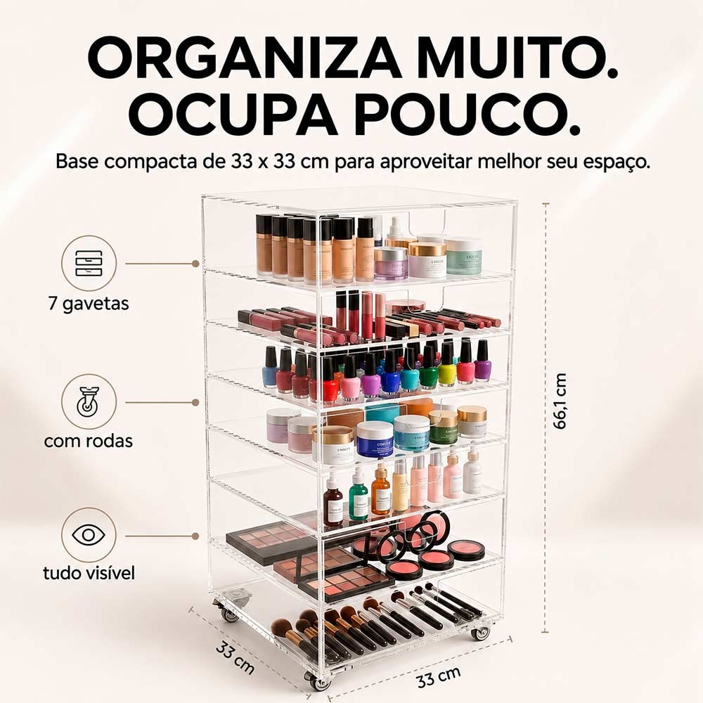 Carrinho Organizador de Maquiagem em Acrilico com 7 Gavetas