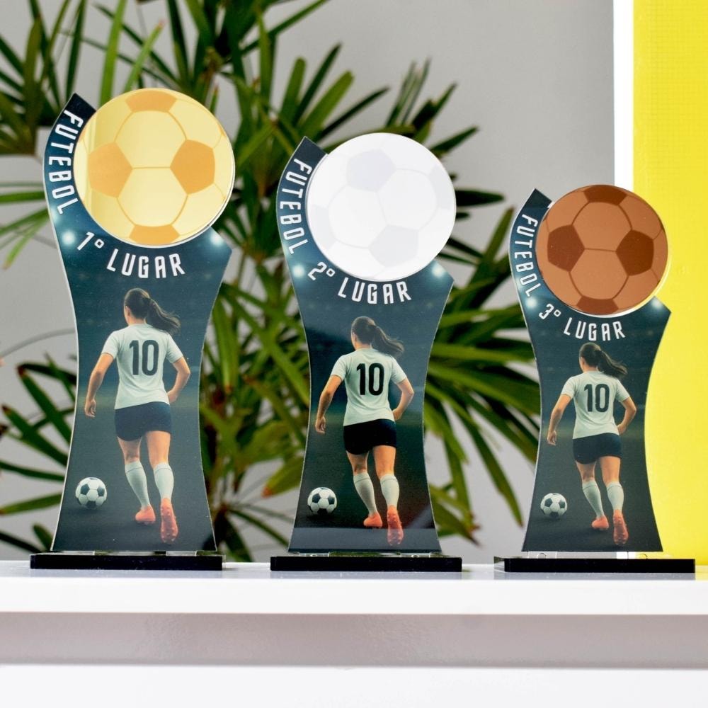 Conjunto de Troféus 1 2 3 Lugar Futebol Feminino sem Personalização