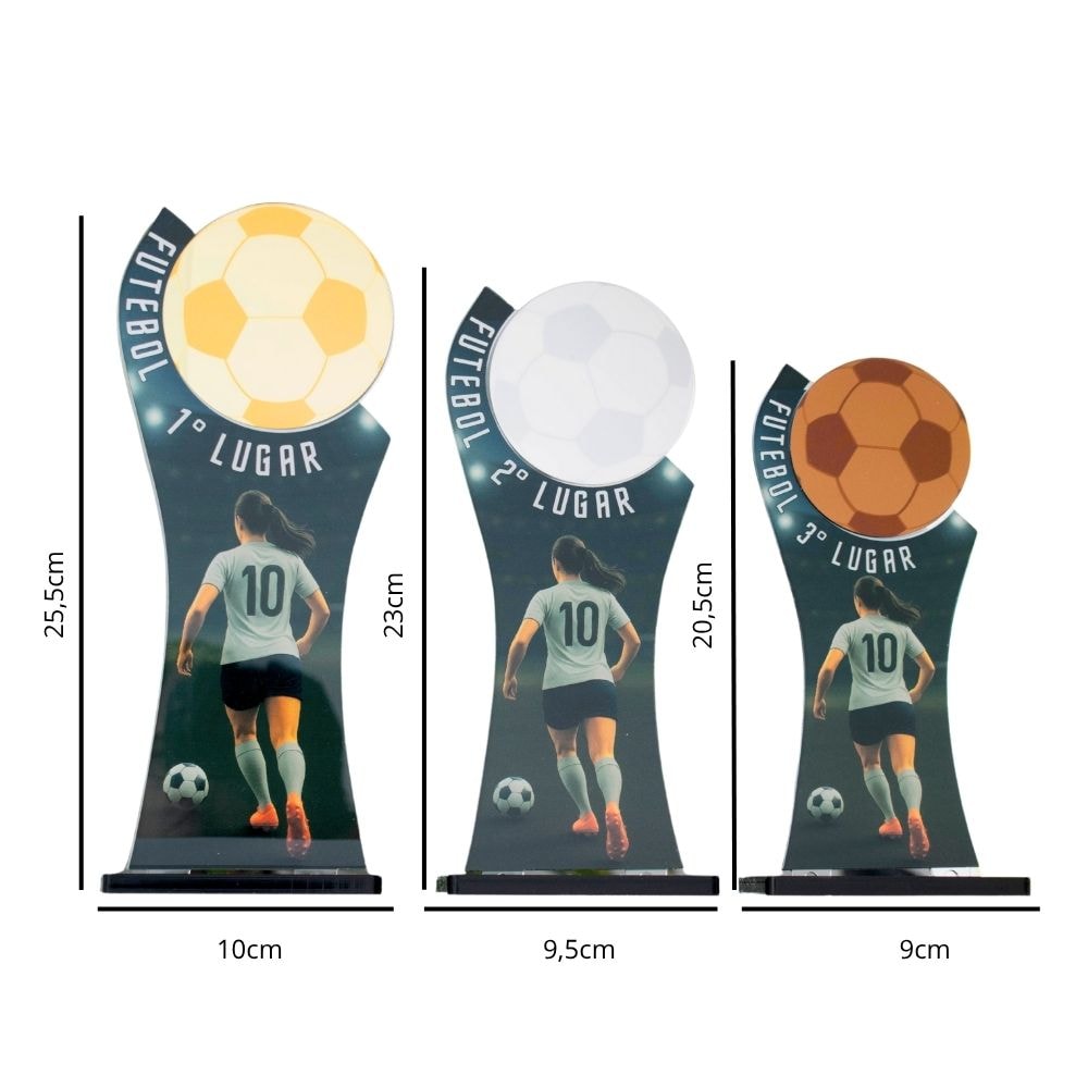 Conjunto de Troféus 1 2 3 Lugar Futebol Feminino sem Personalização