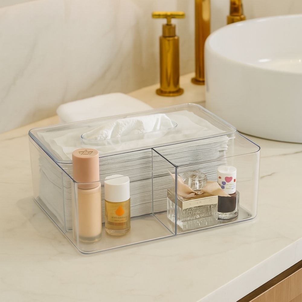 Dispenser Porta Lenço em Acrílico com 3 Divisórias