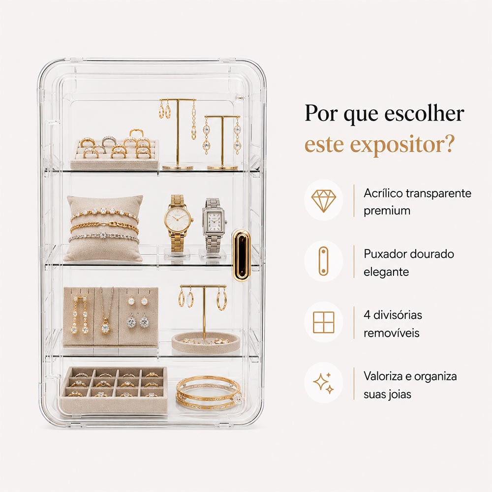 Expositor Acrílico para Joias com Puxador Dourado