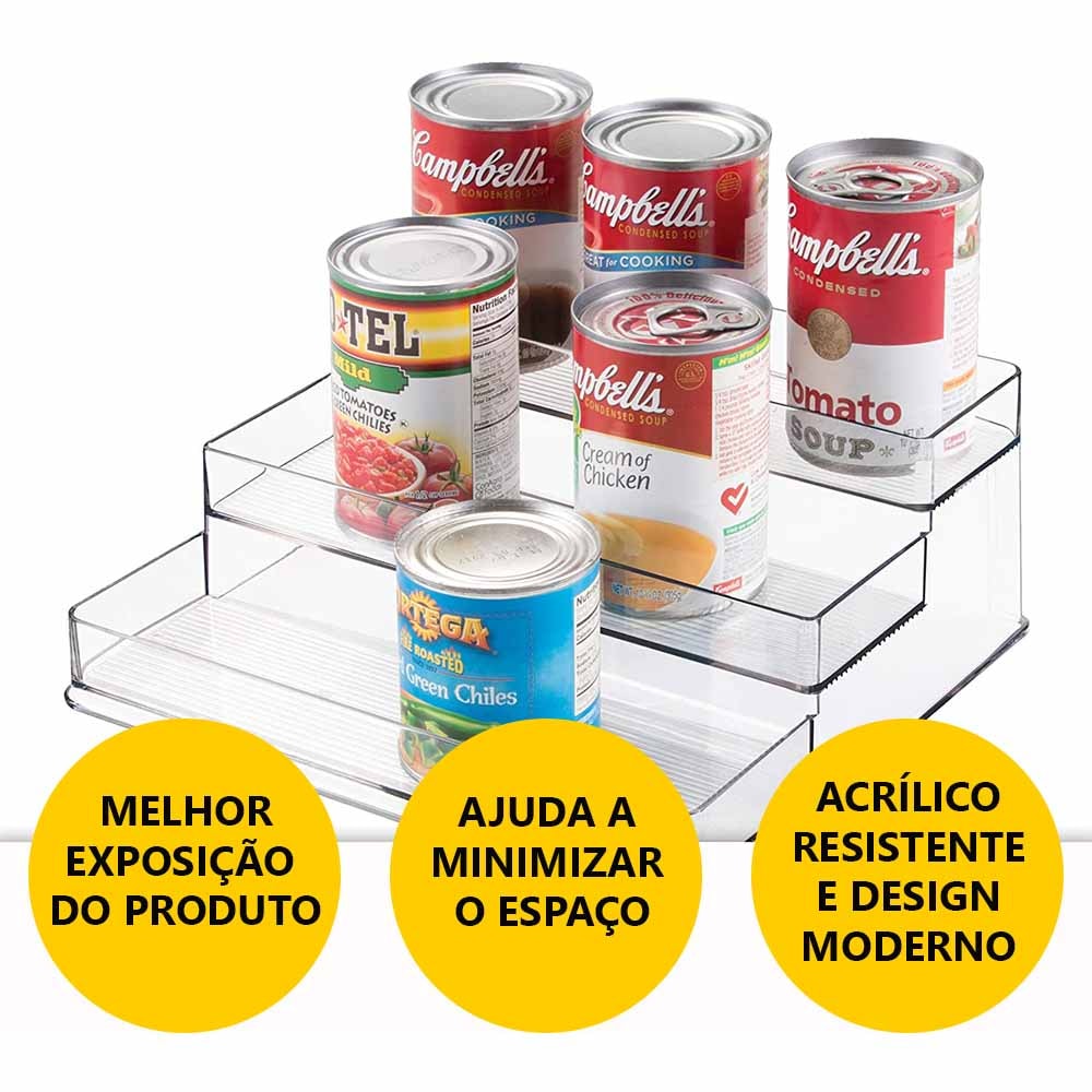 Expositor de Alimentos em Acrílico Com 3 Degraus Expositor de Alimentos em Acrílico Com 3 Degraus