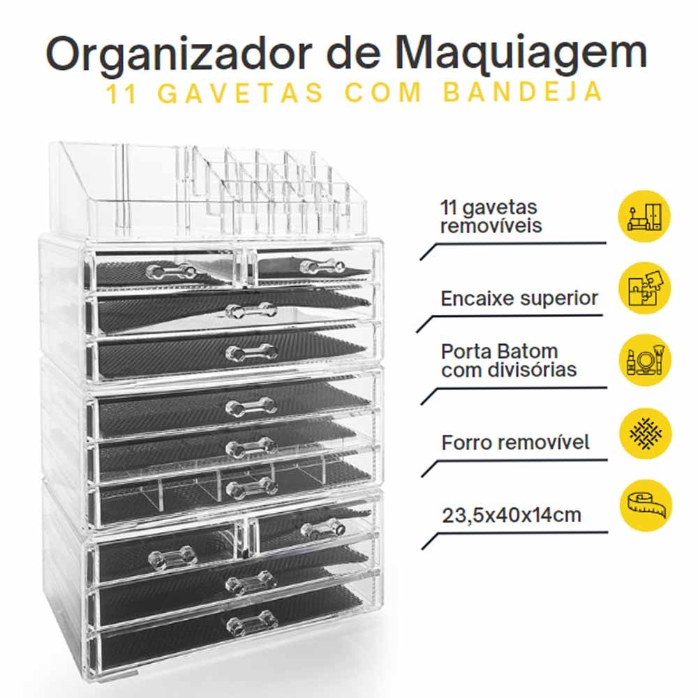 Organizador de Maquiagem 11 gavetas e Bandeja para Batom 
 Organizador de Maquiagem 11 gavetas e Bandeja para Batom