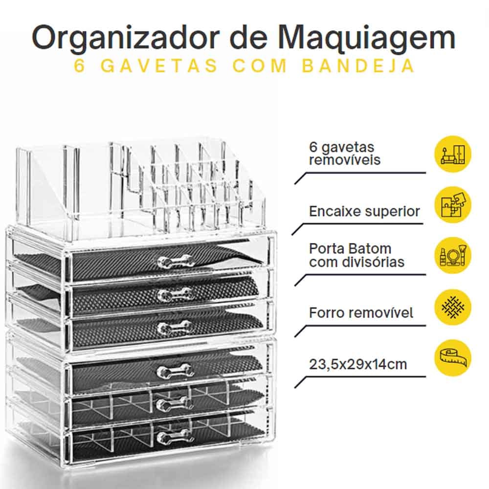 Organizador de Maquiagem 6 Gavetas com Porta Batom