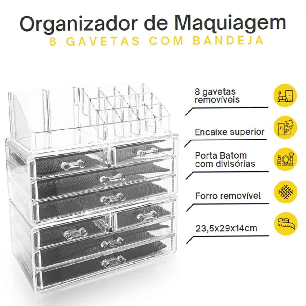 Organizador de Maquiagem 8 Gavetas com Bandeja para Batom