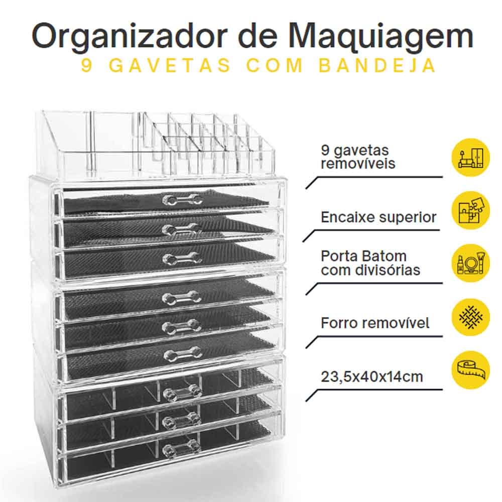 Organizador de Maquiagem 9 gavetas com Bandeja para Batom