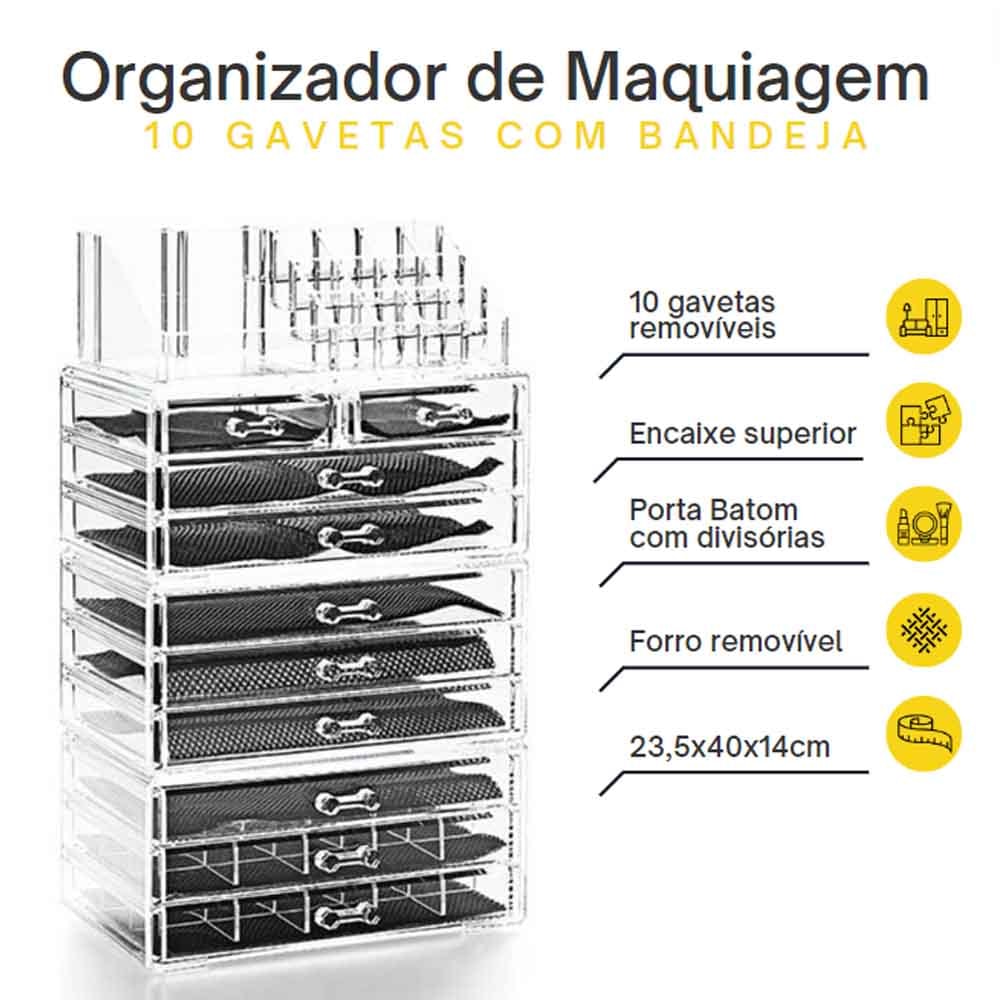 Organizador de Maquiagem com 10 Gavetas e Porta Batom