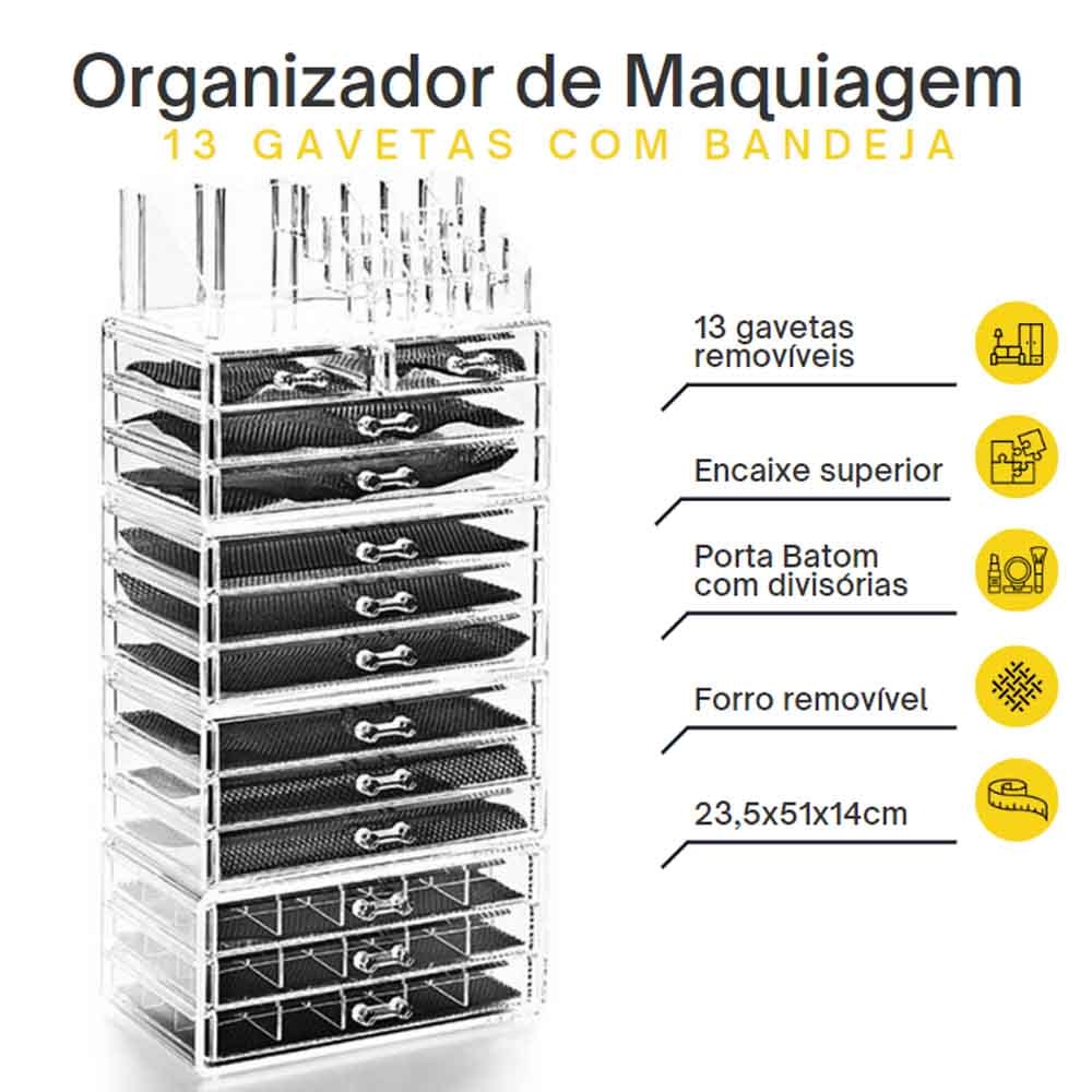 Organizador Grande de Maquiagem 13 Gavetas com Porta Batom Organizador Grande de Maquiagem 13 Gavetas com Porta Batom