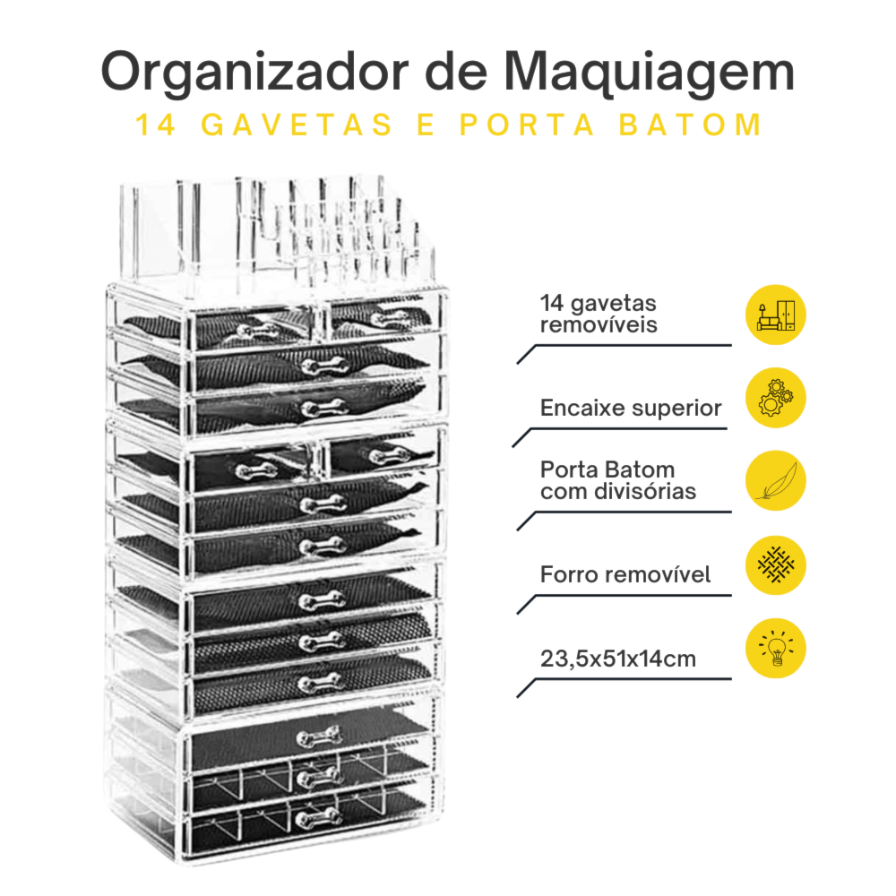 Organizador Grande de Maquiagem 14 Gavetas com Porta Batom Organizador Grande de Maquiagem 14 Gavetas com Porta Batom