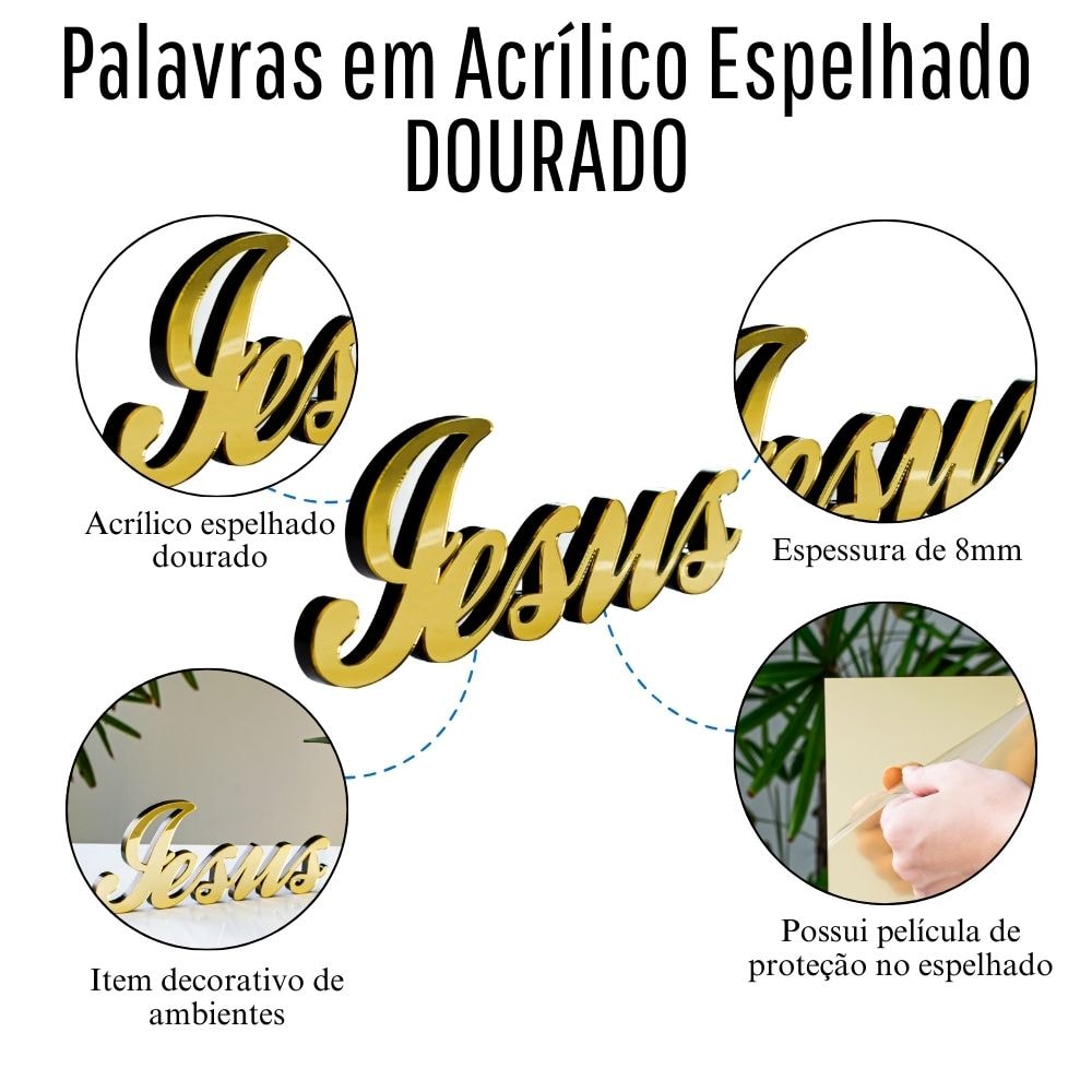 Palavra Decorativa em Acrílico Espelhado Jesus em Letra Cursiva Palavra Decorativa em Acrílico Espelhado Jesus em Letra Cursiva