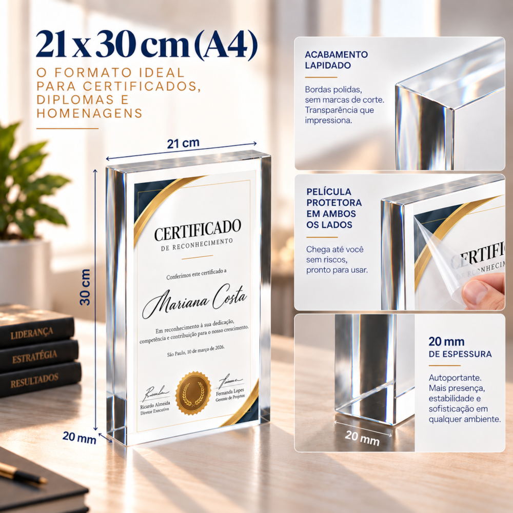 Placa Acrílico Premium Acabamento Polido Lapidado 21x30cm 20mm