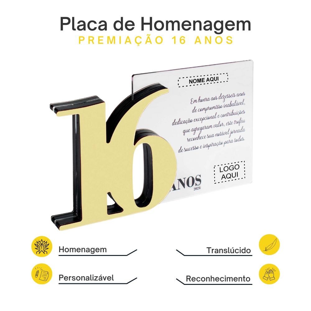 Placa Homenagem em Acrílico Personalizada 16 Anos Placa Homenagem em Acrílico Personalizada 16 Anos