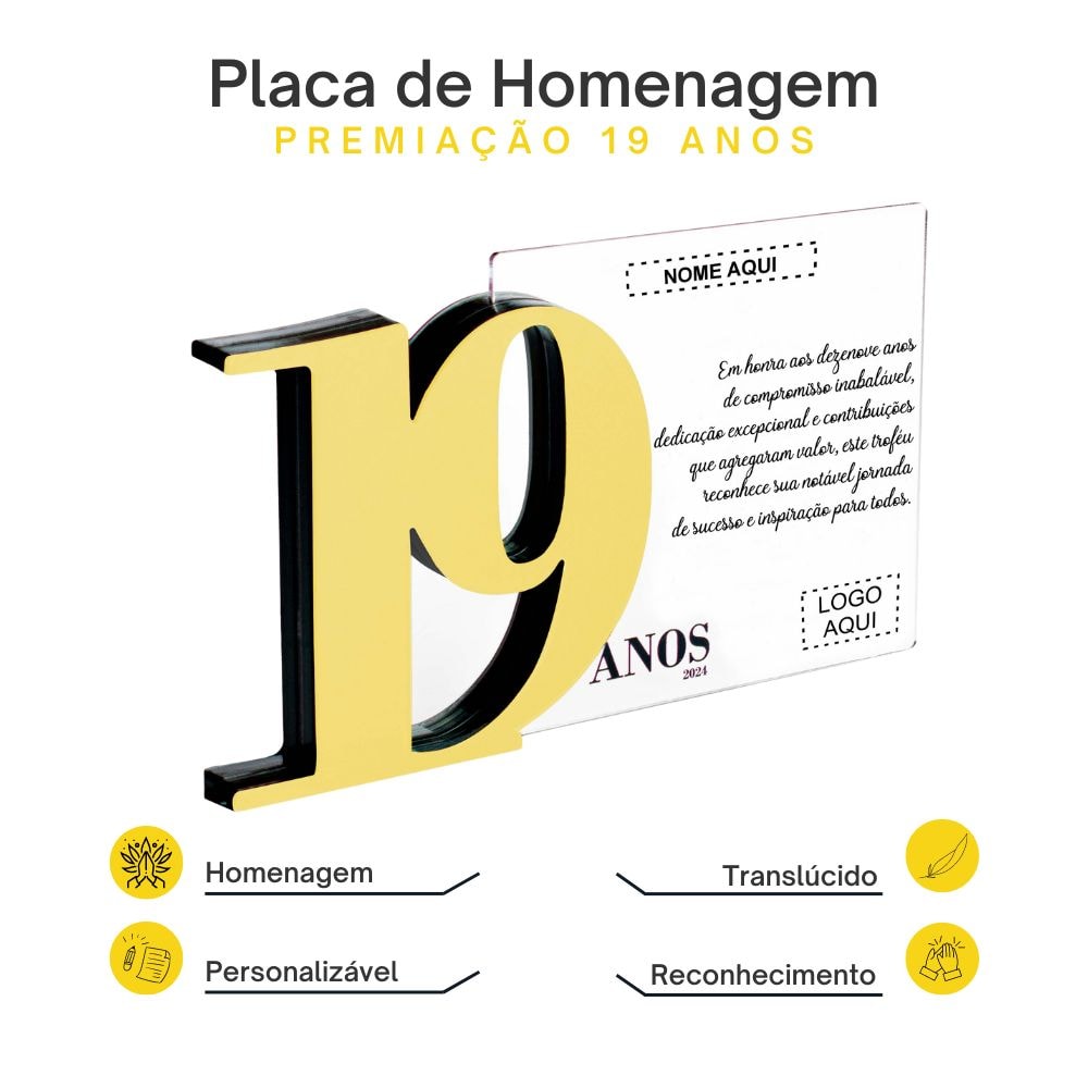 Placa Homenagem em Acrílico Personalizada 19 Anos Placa Homenagem em Acrílico Personalizada 19 Anos