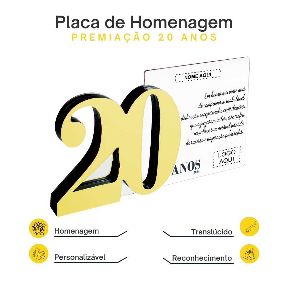 Placa Homenagem em Acrílico Personalizada 20 Anos Placa Homenagem em Acrílico Personalizada 20 Anos