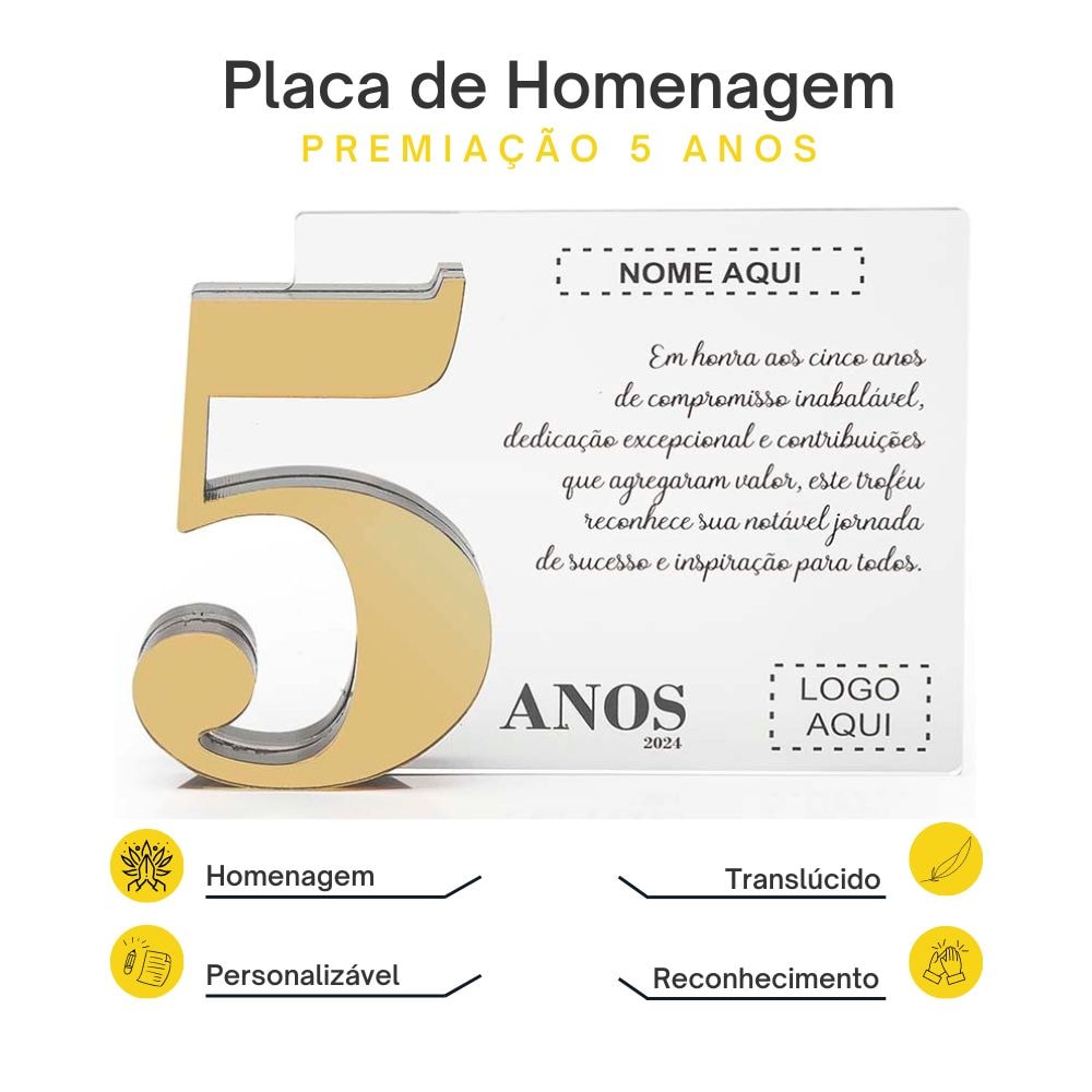 Placa Homenagem em Acrílico Personalizada 5 Anos Placa Homenagem em Acrílico Personalizada 5 Anos