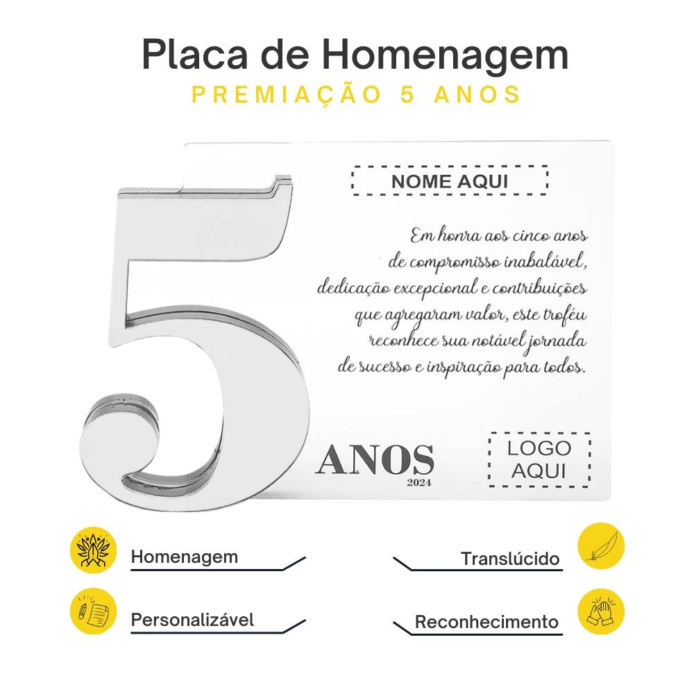 Placa Homenagem em Acrílico Personalizada 5 Anos