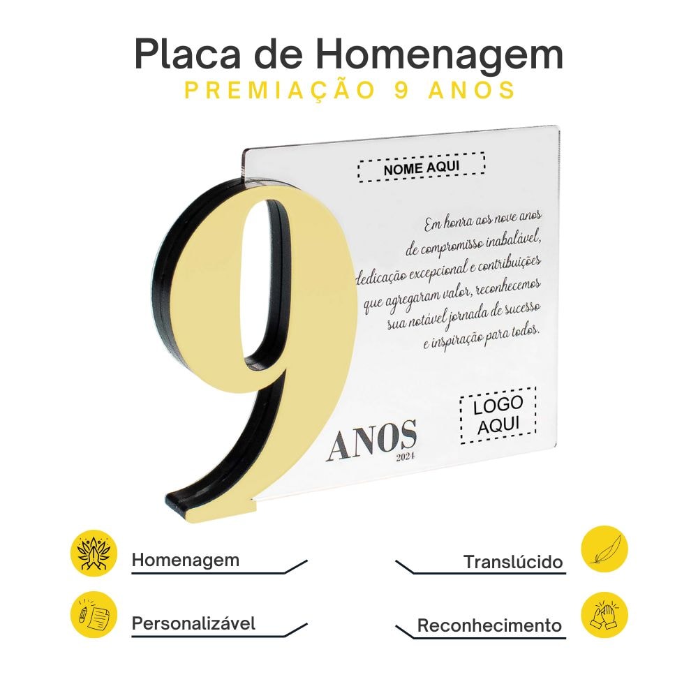 Placa Homenagem em Acrílico Personalizada 9 Anos Placa Homenagem em Acrílico Personalizada 9 Anos