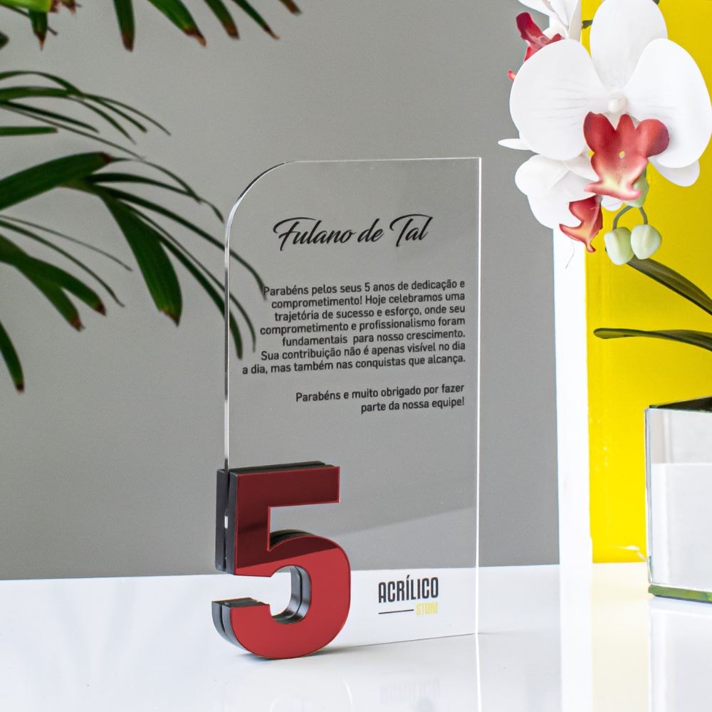Placa Homenagem Vertical em Acrílico Personalizada 5 Anos