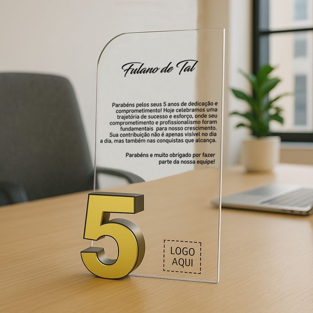 Placa Homenagem Vertical em Acrílico Personalizada 5 Anos