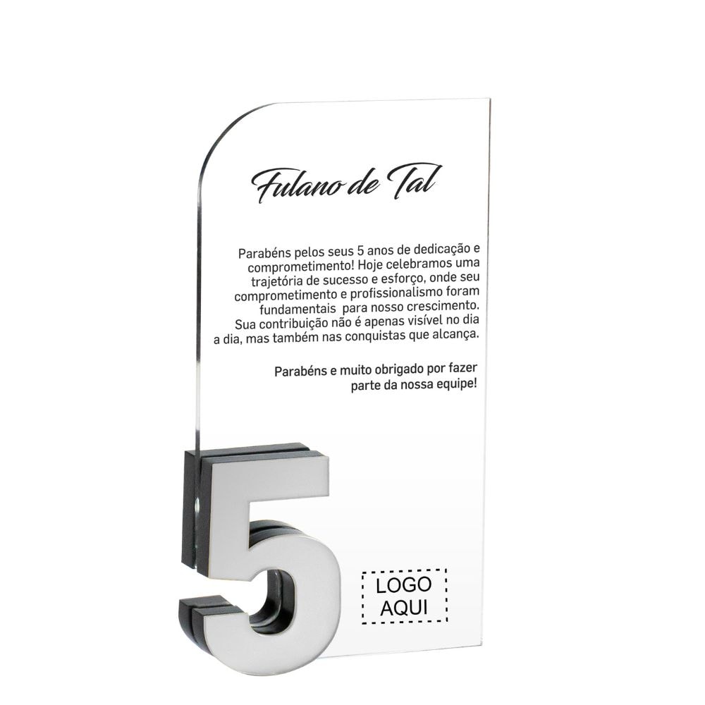 Placa Homenagem Vertical em Acrílico Personalizada 5 Anos