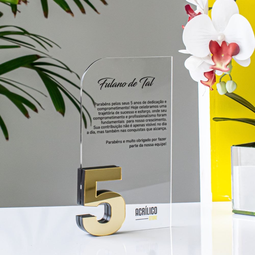 Placa Homenagem Vertical em Acrílico Personalizada 5 Anos