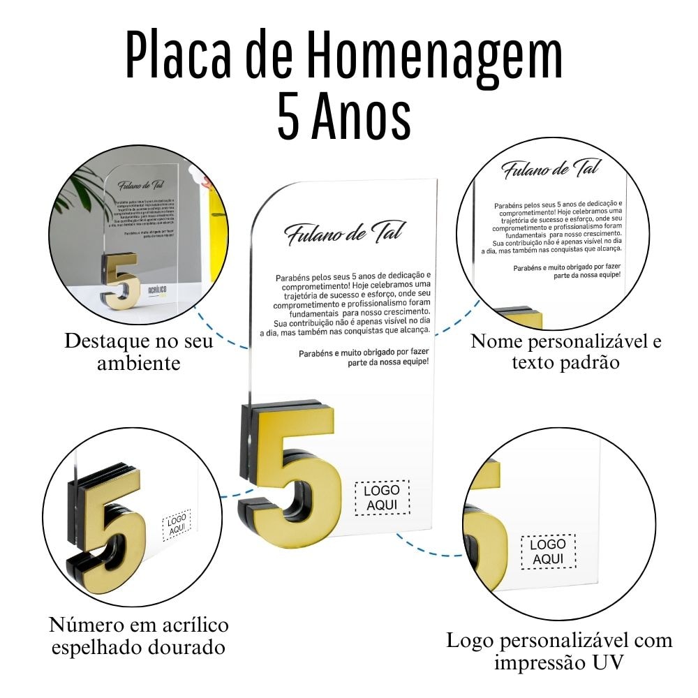 Placa Homenagem Vertical em Acrílico Personalizada 5 Anos