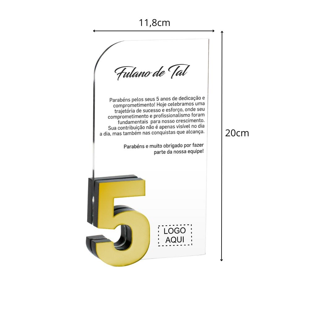 Placa Homenagem Vertical em Acrílico Personalizada 5 Anos
