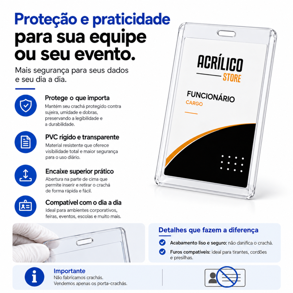 Porta Crachá Identificação PVC Rígido Tamanho 7,4x10,5cm 