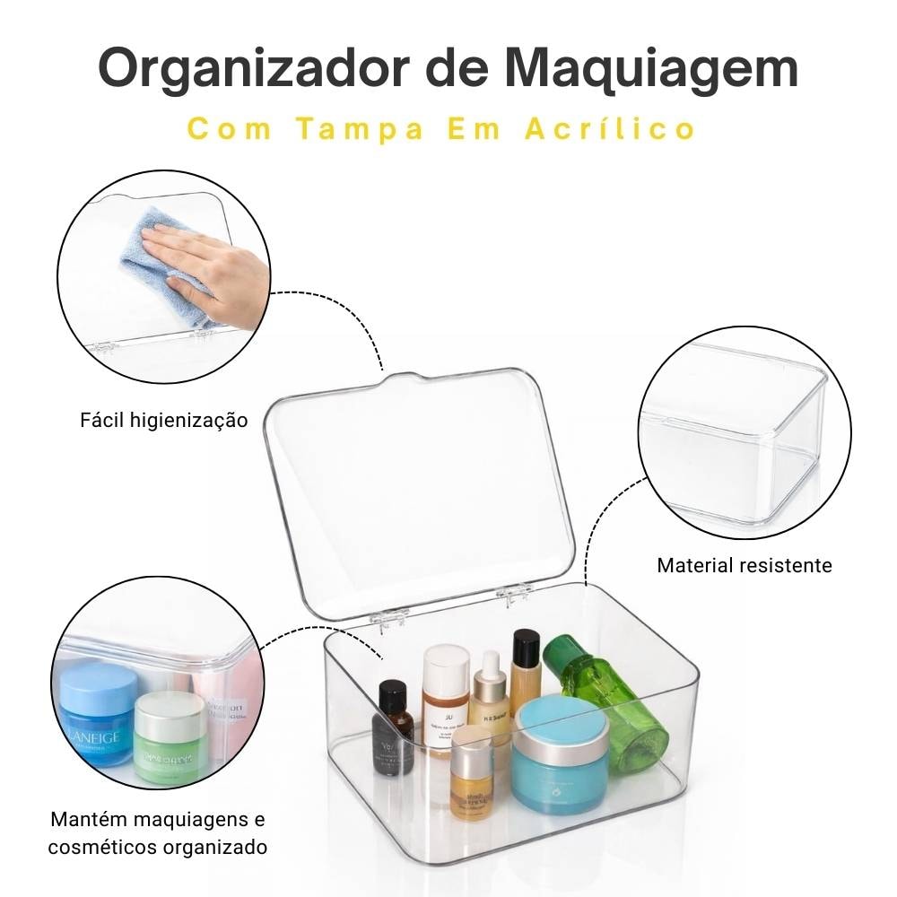 Porta Maquiagem e Cosméticos em Acrílico com Tampa