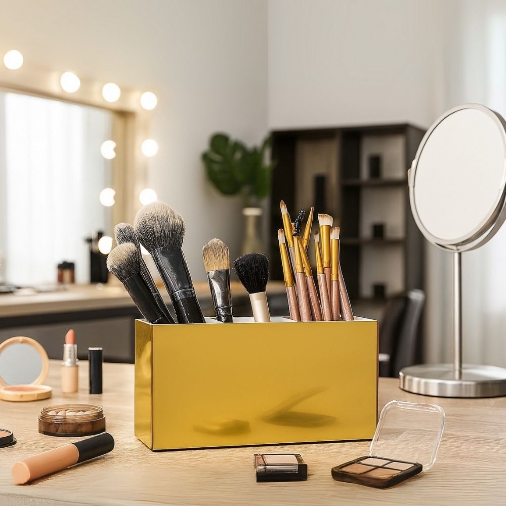 Porta Pincel em Acrílico Dourado com 3 Divisórias Porta Pincel em Acrílico Dourado com 3 Divisórias