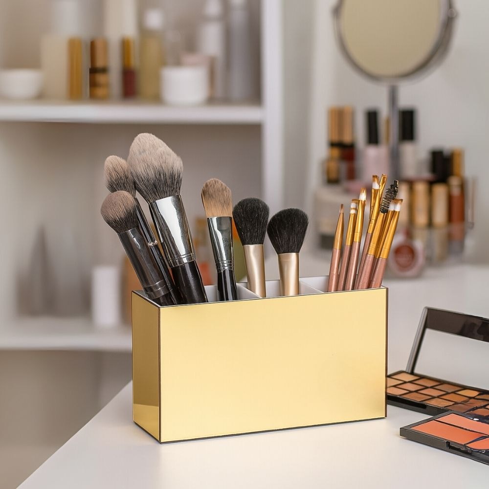 Porta Pincel em Acrílico Dourado com 3 Divisórias Porta Pincel em Acrílico Dourado com 3 Divisórias