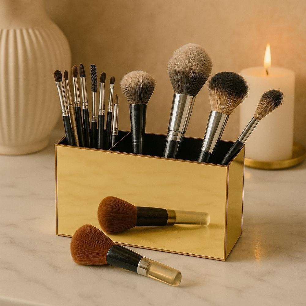 Porta Pincel em Acrílico Dourado com 3 Divisórias Porta Pincel em Acrílico Dourado com 3 Divisórias