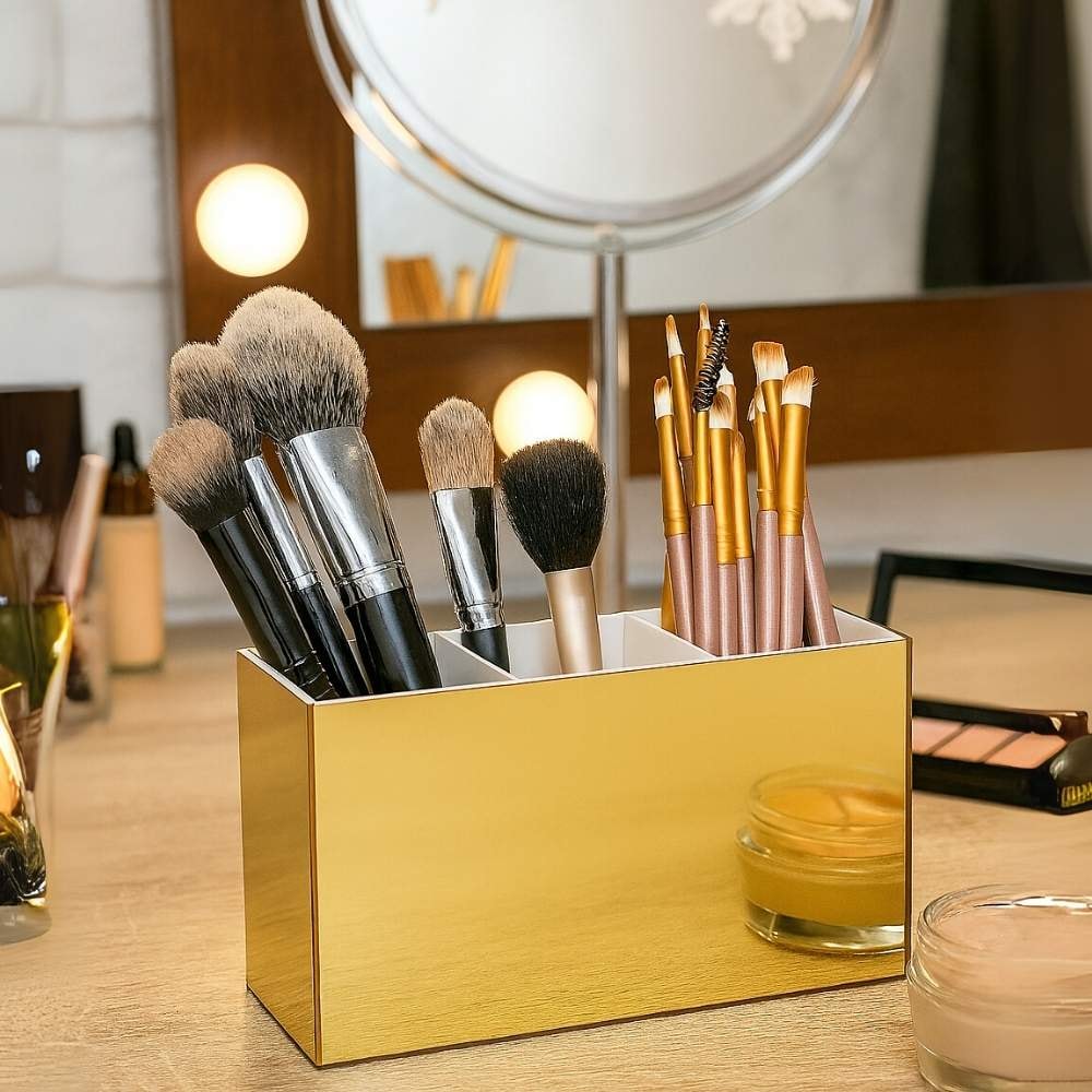 Porta Pincel em Acrílico Dourado com 3 Divisórias Porta Pincel em Acrílico Dourado com 3 Divisórias