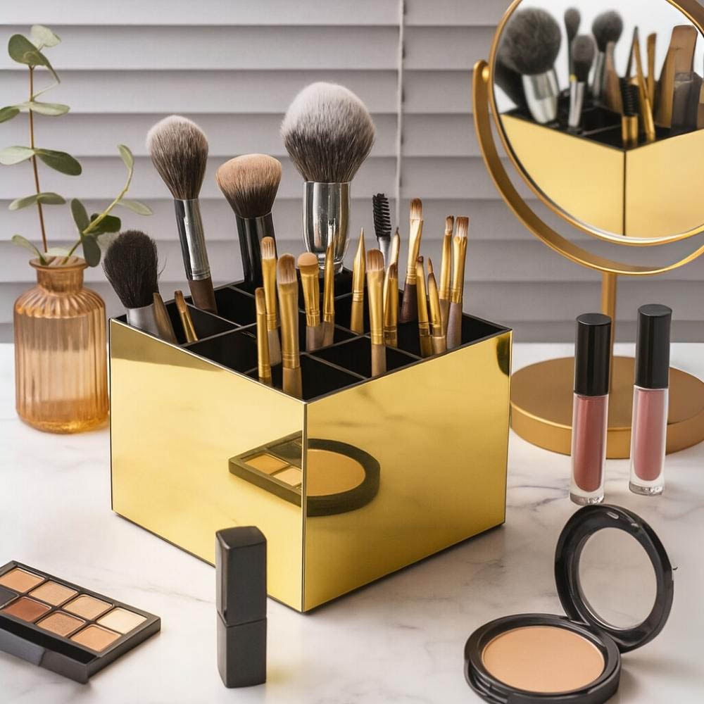 Porta Pincel em Acrílico Dourado com 9 Divisórias Porta Pincel em Acrílico Dourado com 9 Divisórias