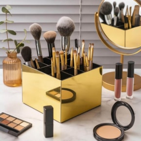 Porta Pincel em Acrílico Dourado com 9 Divisórias