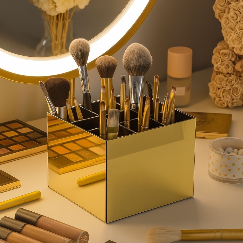 Porta Pincel em Acrílico Dourado com 9 Divisórias