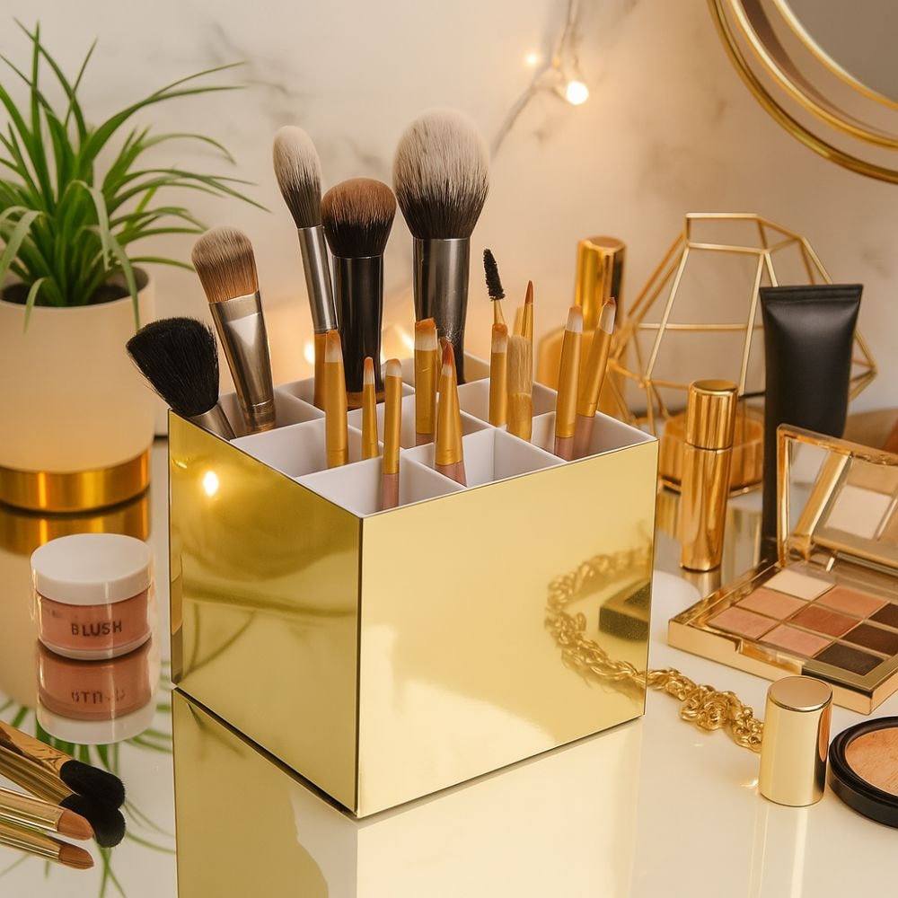 Porta Pincel em Acrílico Dourado com 9 Divisórias
