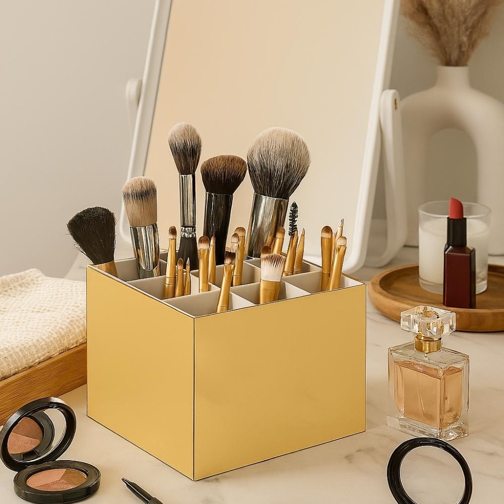 Porta Pincel em Acrílico Dourado com 9 Divisórias