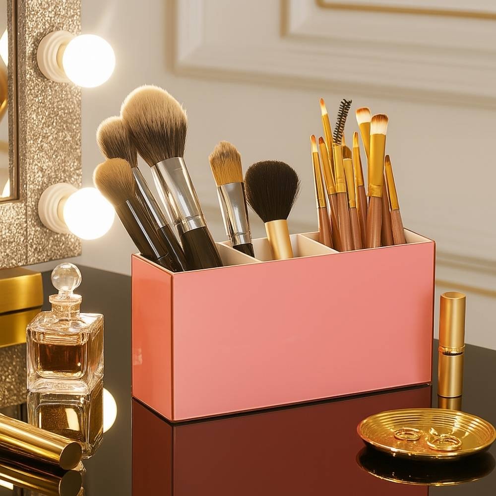 Porta Pincel em Acrílico Rosé com 3 Divisórias