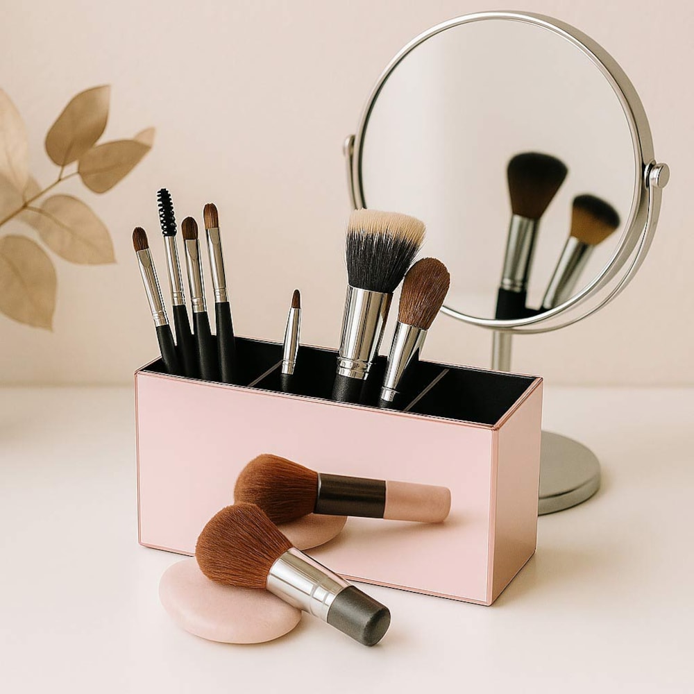 Porta Pincel em Acrílico Rosé com 3 Divisórias