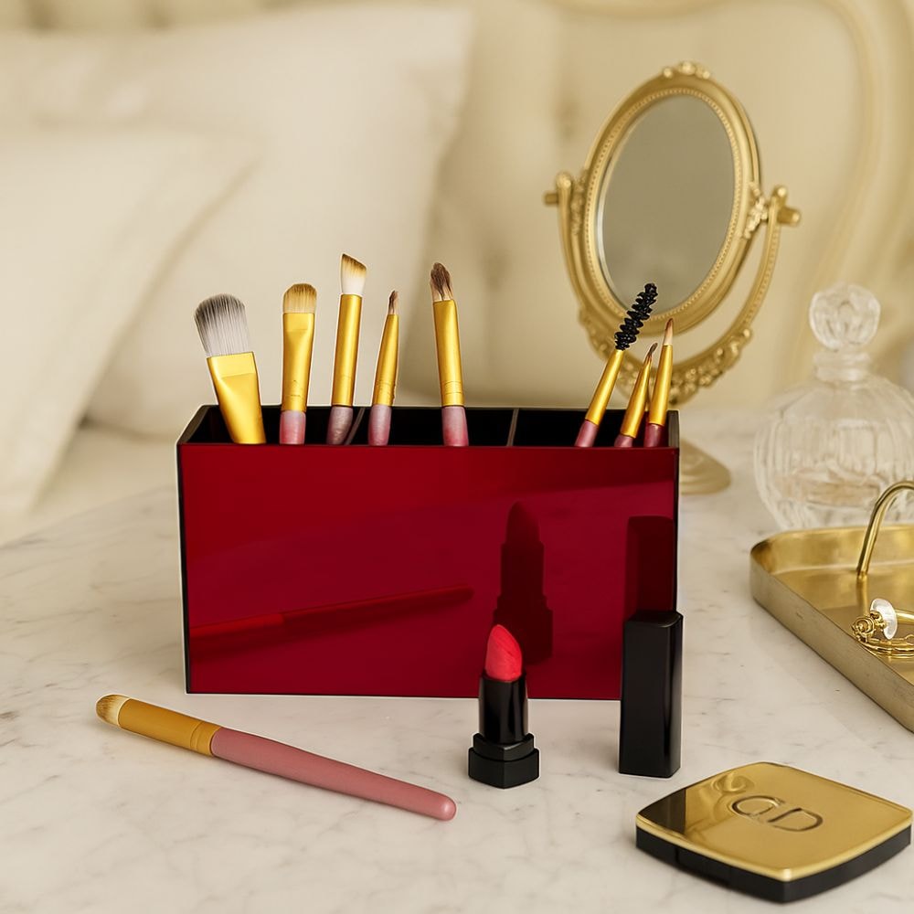 Porta Pincel em Acrílico Vermelho com 3 Divisórias