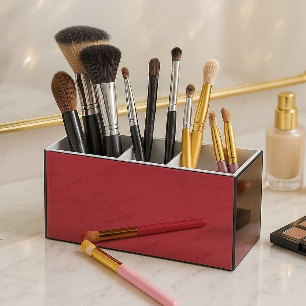 Porta Pincel em Acrílico Vermelho com 3 Divisórias