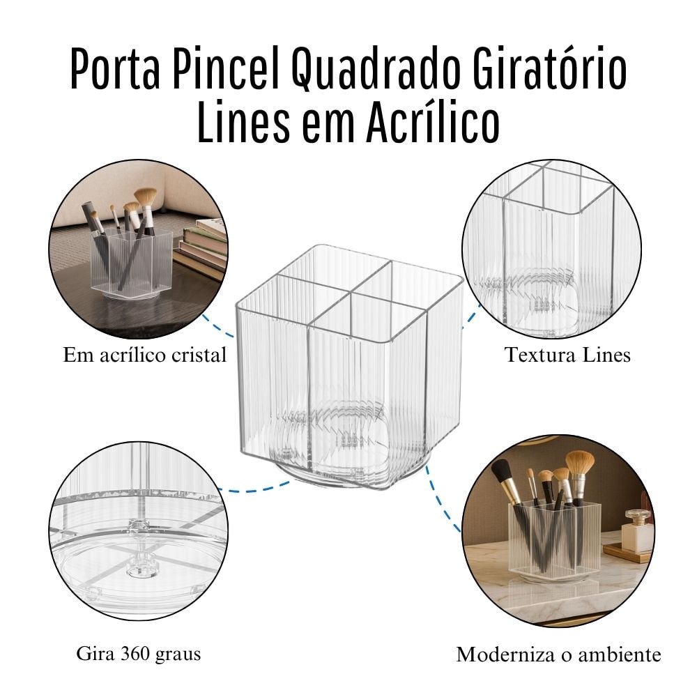 Porta Pincel Quadrado Giratório Lines em Acrílico
