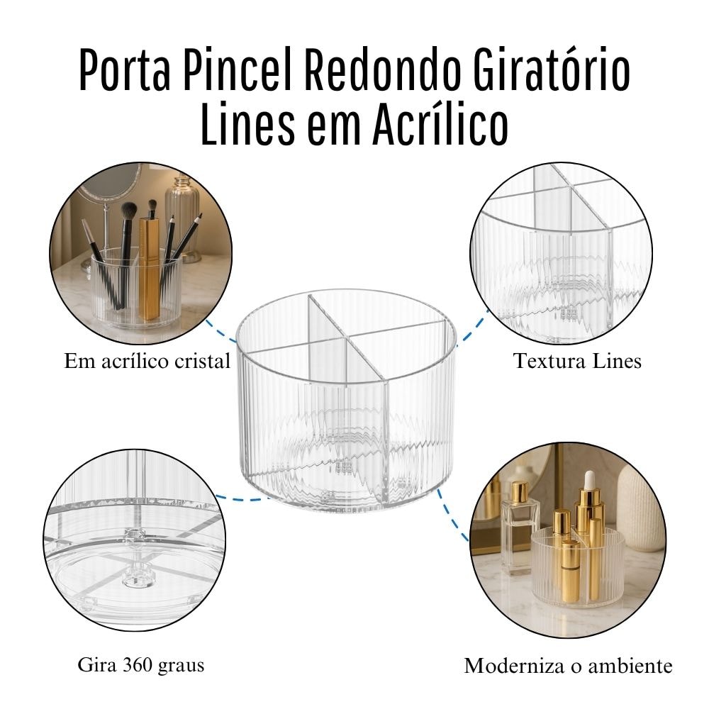 Porta Pincel Redondo Giratório Lines em Acrílico