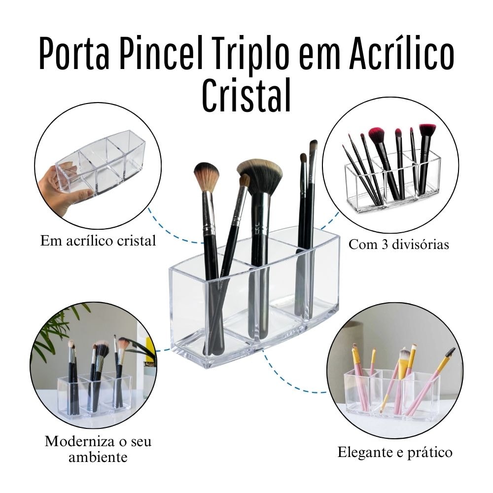 Porta Pincel Triplo em Acrílico Cristal Porta Pincel Triplo em Acrílico Cristal
