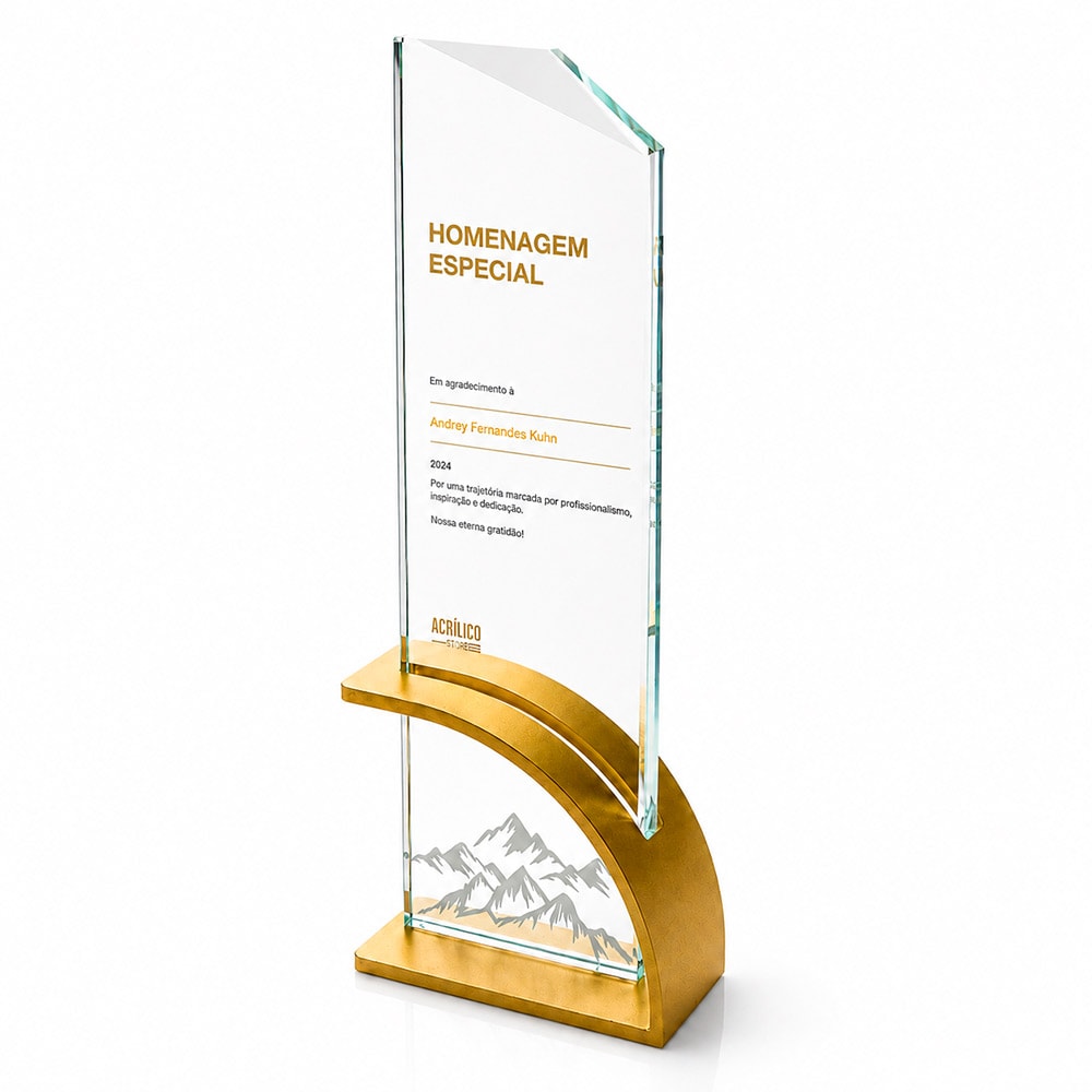 Troféu Homenagem Premium em Vidro Personalizado com Base