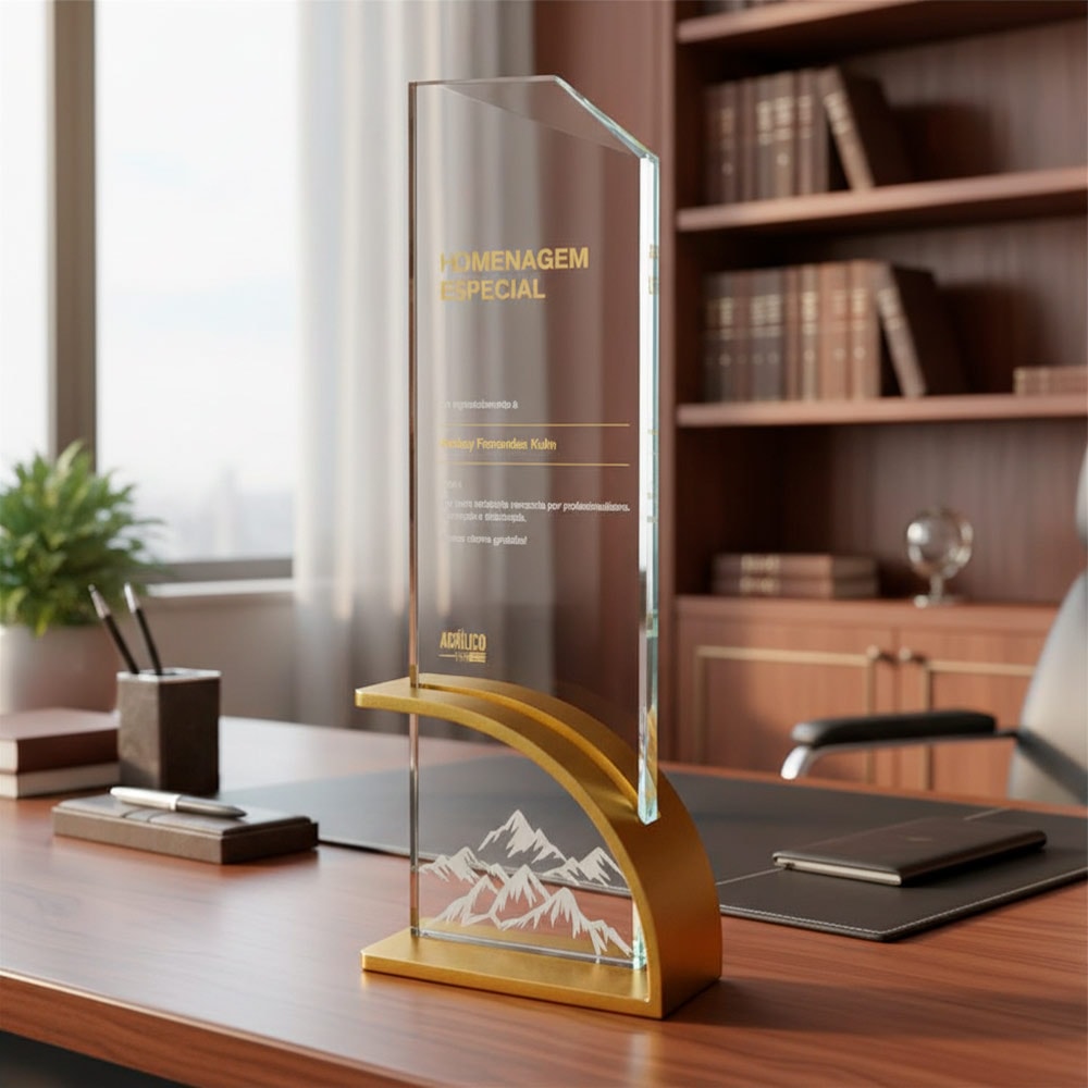 Troféu Homenagem Premium em Vidro Personalizado com Base